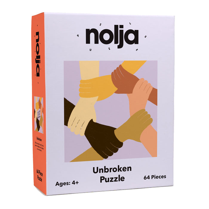 The Nolja Unbroken 64pc Jigsaw Puzzle by Nolja features inspiring art of six diverse hands interlocking. Suitable for ages 4+, it encourages hands-on play and creative bonding.