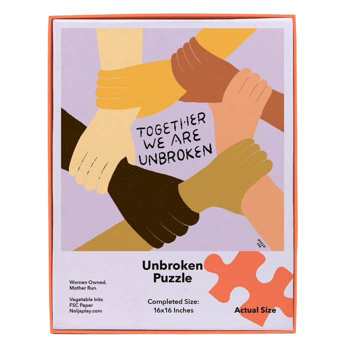 The Nolja Unbroken 64pc Jigsaw Puzzle by Nolja features inspiring art of six interlocking hands and the phrase “Together We Are Unbroken.” Completed size is 16x16 inches and includes info about the maker for interactive fun.
