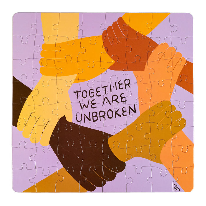The Nolja Unbroken 64pc Jigsaw Puzzle by Nolja shows six interlocking hands of diverse skin tones and "TOGETHER WE ARE UNBROKEN" on a purple background—perfect for celebrating unity and fun, hands-on play.