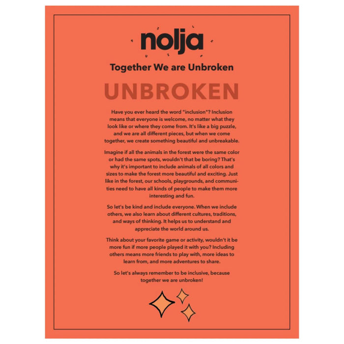 The Nolja Unbroken 64pc Jigsaw Puzzle features inspiring artwork and text on inclusion and diversity, with decorative stars along the bottom, encouraging acceptance and appreciation of differences.