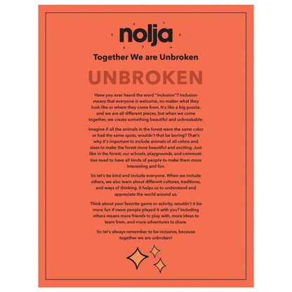 The Nolja Unbroken 64pc Jigsaw Puzzle features inspiring artwork and text on inclusion and diversity, with decorative stars along the bottom, encouraging acceptance and appreciation of differences.