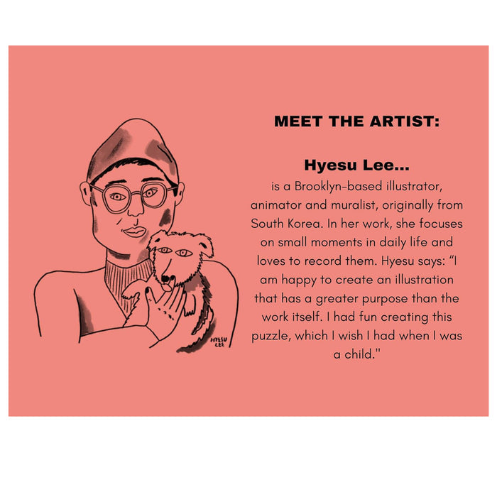 Illustration for the Nolja Unbroken 64pc Jigsaw Puzzle by Nolja, featuring artist Hyesu Lee—glasses and hat on, holding a small animal. She’s a Brooklyn-based illustrator, animator, and muralist from South Korea.