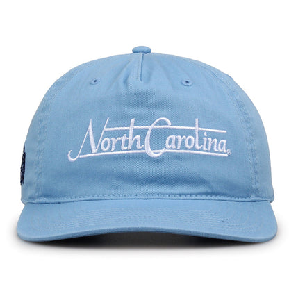 North Carolina Tar Heels Original Heritage Bar Snapback in columbia blue, front view of embroidered school script and bar design