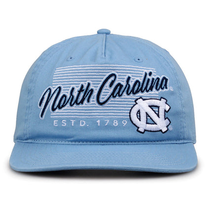 North Carolina Tar Heels Original Heritage Script Snapback in columbia blue, front view showing embroidered school script