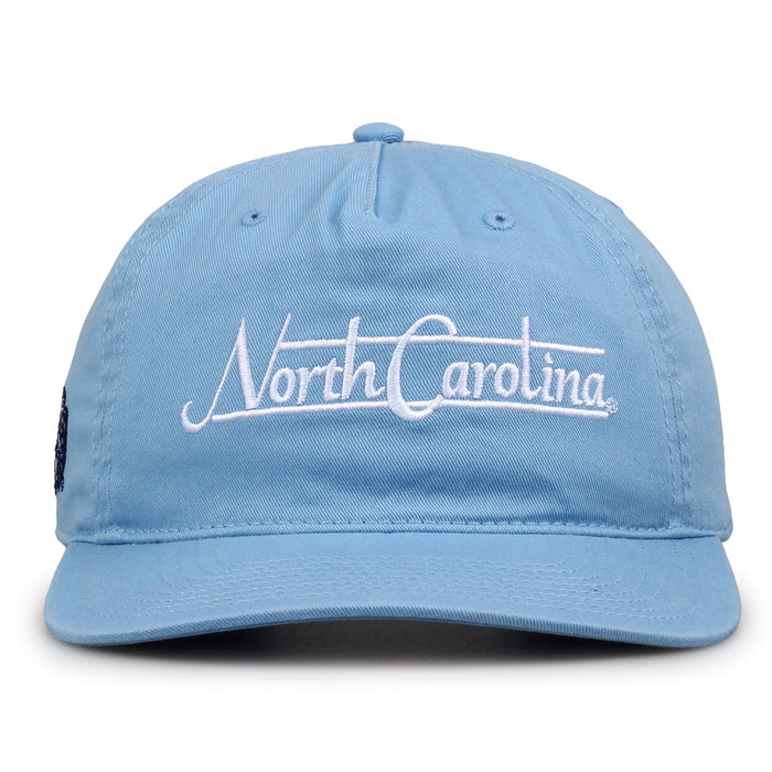North Carolina Tar Heels Original Heritage Bar Snapback in columbia blue, front view of embroidered school script and bar design