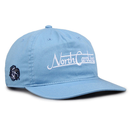 North Carolina Tar Heels Original Heritage Bar Snapback in columbia blue, angled view showing matching crown and brim