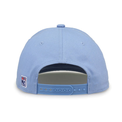 North Carolina Retro Circle snapback hat in light blue, straight rear view showing the adjustable snap closure