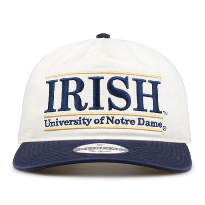 Notre Dame Original Bar snapback hat with embroidered school design, front view