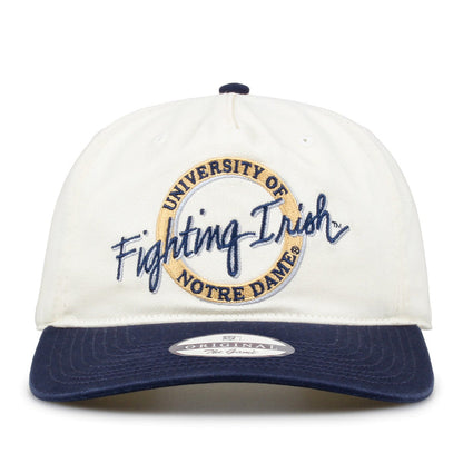 Notre Dame Original Circle snapback hat with embroidered school design, front view