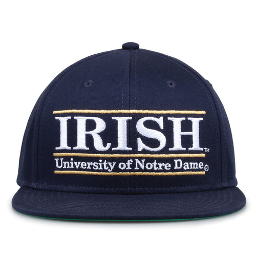 Notre Dame Retro Bar snapback hat in navy, front view