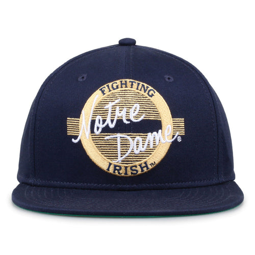 Notre Dame Retro Circle snapback hat in navy, front view