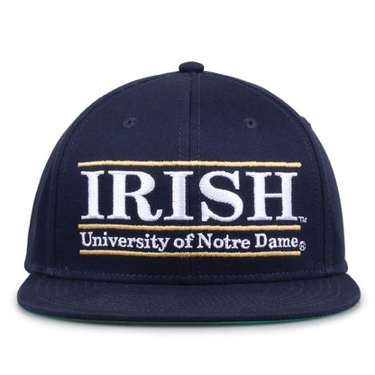 Notre Dame Retro Bar snapback hat in navy, front view