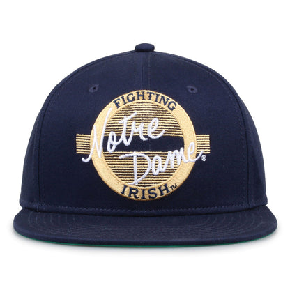 Notre Dame Retro Circle snapback hat in navy, front view