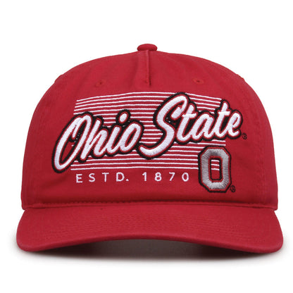 Ohio State Buckeyes Original Heritage Script Snapback in red, front view showing embroidered school script