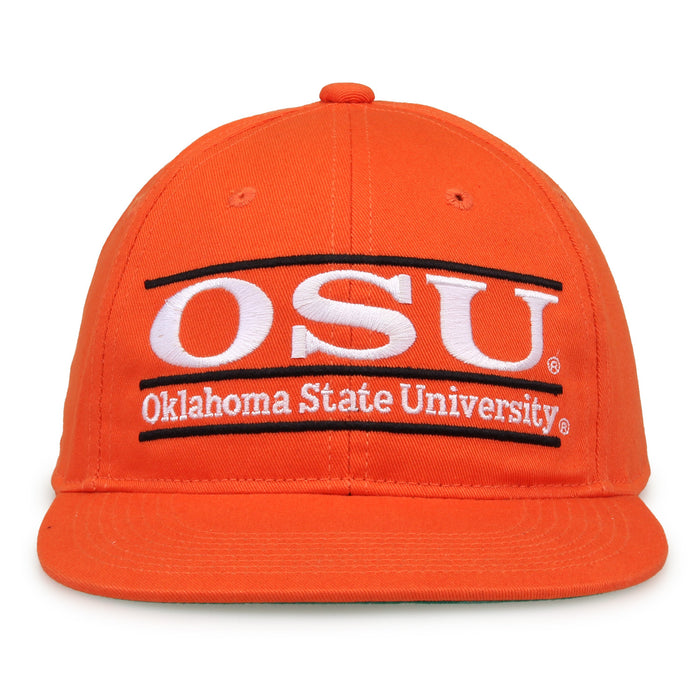 Oklahoma State Retro Bar snapback hat in orange, front view
