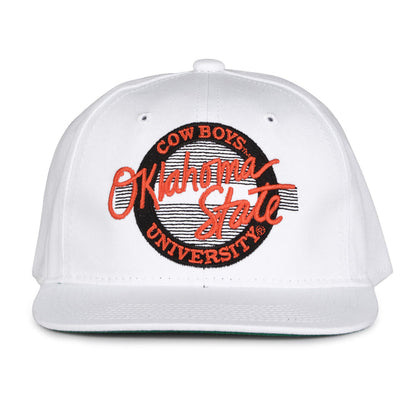Oklahoma State Retro Circle snapback hat in white, front view