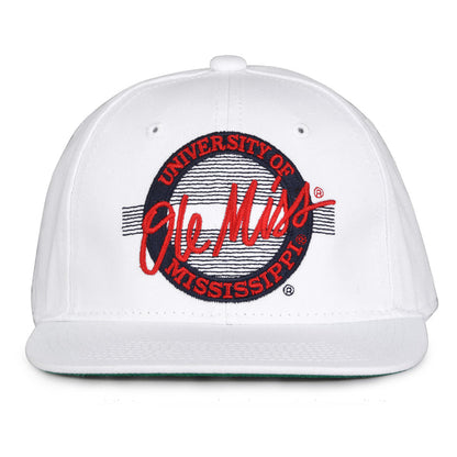 Ole Miss Retro Circle snapback hat in white, front view