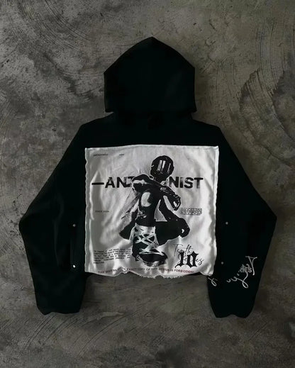 Patchwork Embroidered Black Hoodie