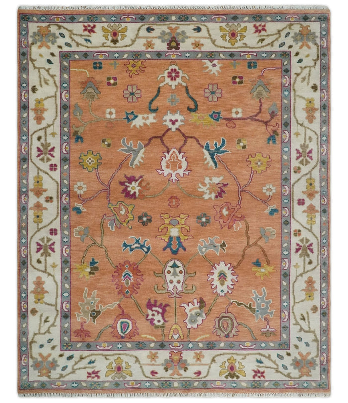 Peach and Ivory Hand knotted Oushak Custom Made wool Area Rug - The Rug Decor
