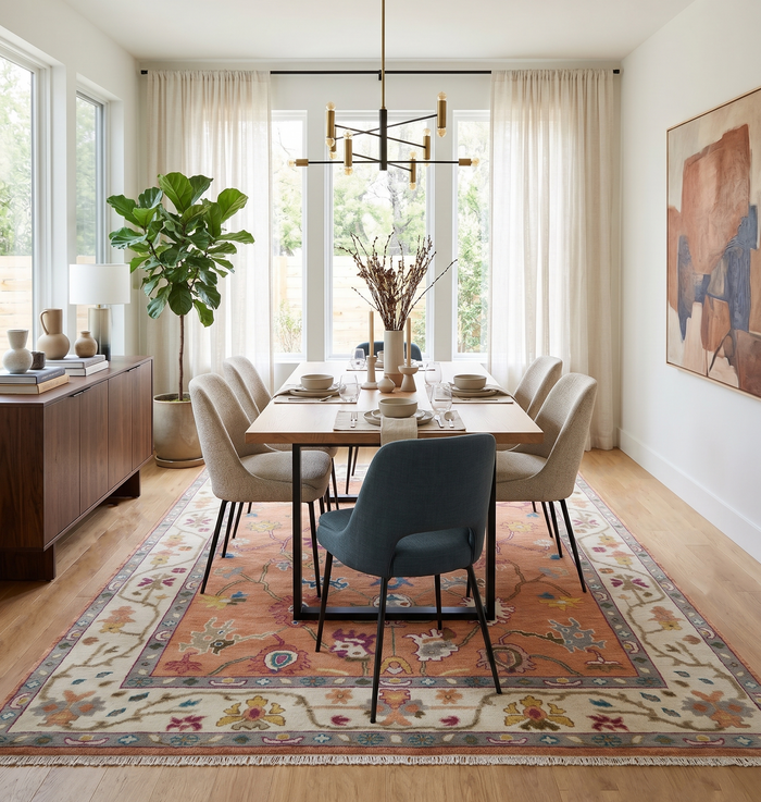 Peach and ivory hand-knotted wool area rug with floral motifs and a decorative border