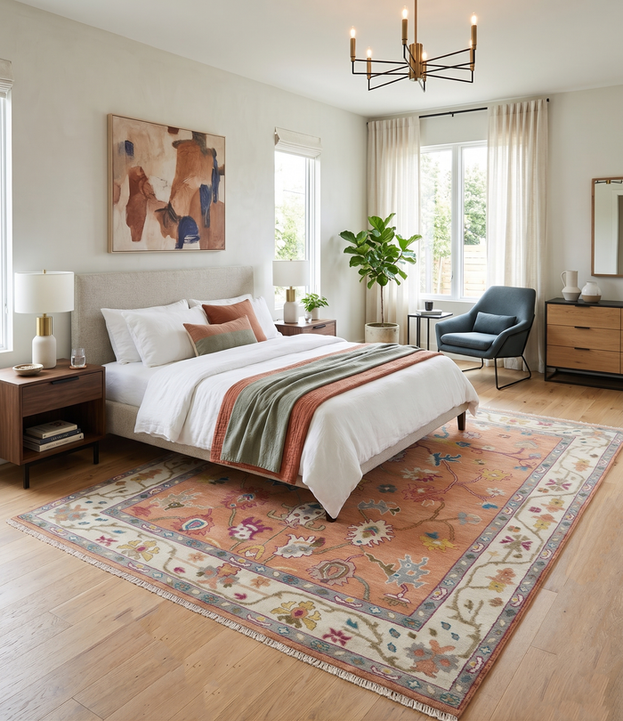 Peach and ivory wool area rug with floral motifs and a broad ivory border