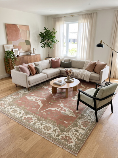Hand-knotted Oriental Oushak wool area rug with peach, ivory, olive medallion pattern