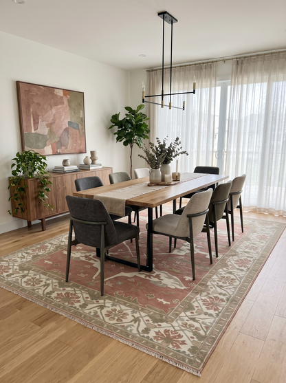 Hand-knotted Oriental Oushak wool area rug with peach, ivory fields and olive border motifs