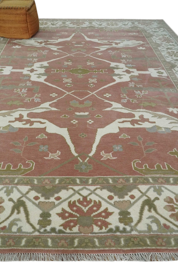 Peach, Ivory and Olive Hand knotted Multi size Oriental Oushak Traditional Wool Area Rug - The Rug Decor