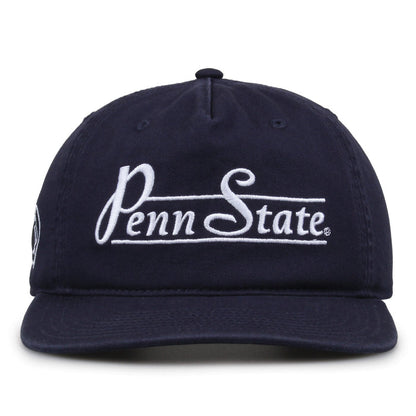Penn State Nittany Lions Original Heritage Bar Snapback in navy, front view of embroidered school script and bar design