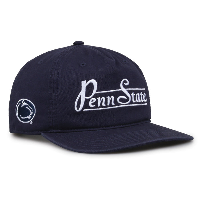 Penn State Nittany Lions Original Heritage Bar Snapback in navy, angled view showing matching crown and brim