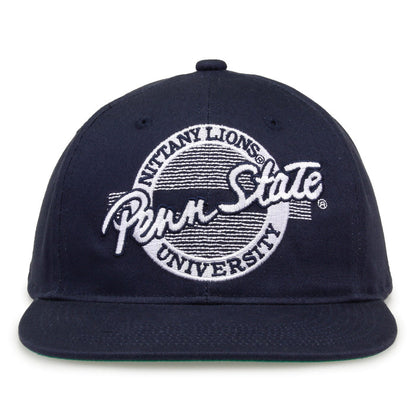 Penn State Retro Circle snapback hat in navy, front view
