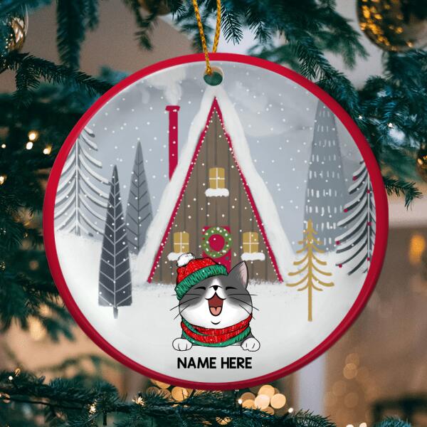 Personalised Cat Front House Snowy Circle Ceramic Ornament - Personalized Cat Lovers Decorative Christmas Ornament
