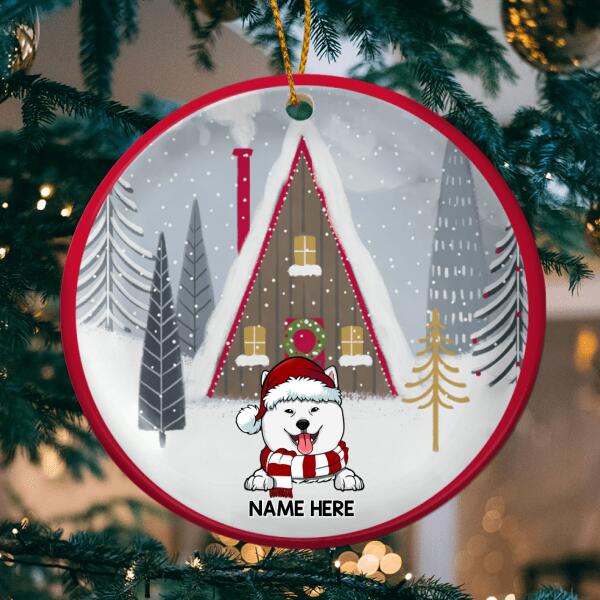 Personalised Dog Front House Snowy Circle Ceramic Ornament - Personalized Dog Lovers Decorative Christmas Ornament