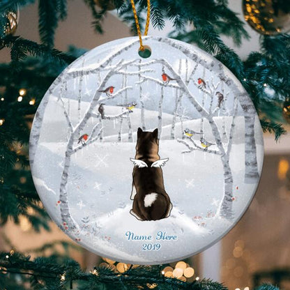 Personalised Dog In Snowy Field Memorial Circle Ceramic Ornament - Personalized Angel Dog Decorative Christmas Ornament