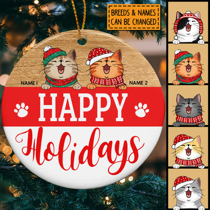 Personalised Happy Holiday Red White Circle Ceramic Ornament - Personalized Cat Lovers Decorative Christmas Ornament