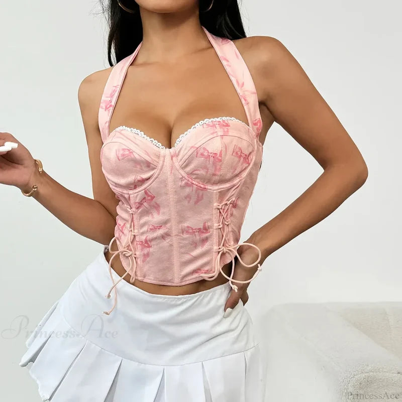 Pink Halter-neck Printed Bandage Sleeveless Crop Top Pink / S croptop-250126
