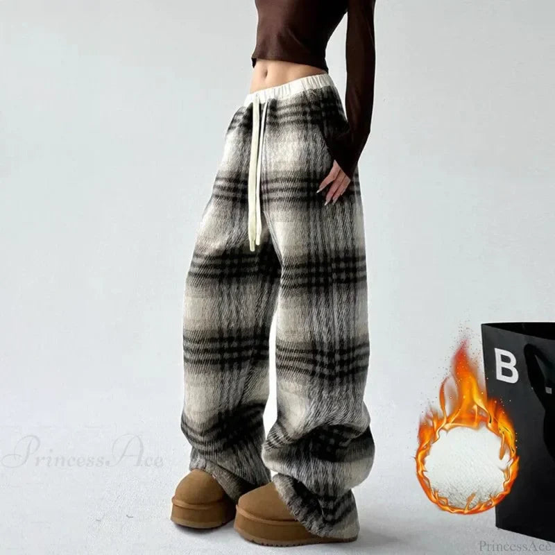 Plaid Fleece High Waist Casual Pants