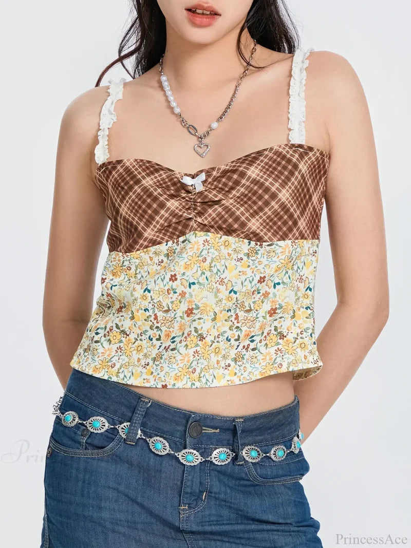 Plaid Floral Patchwork Bow Tie-up Backless Crop Top croptop-250126