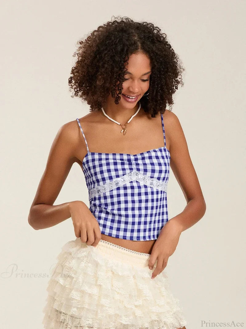 Plaid Lace Patchwork Spaghetti Strap Low-cut Crop Top croptop-250126