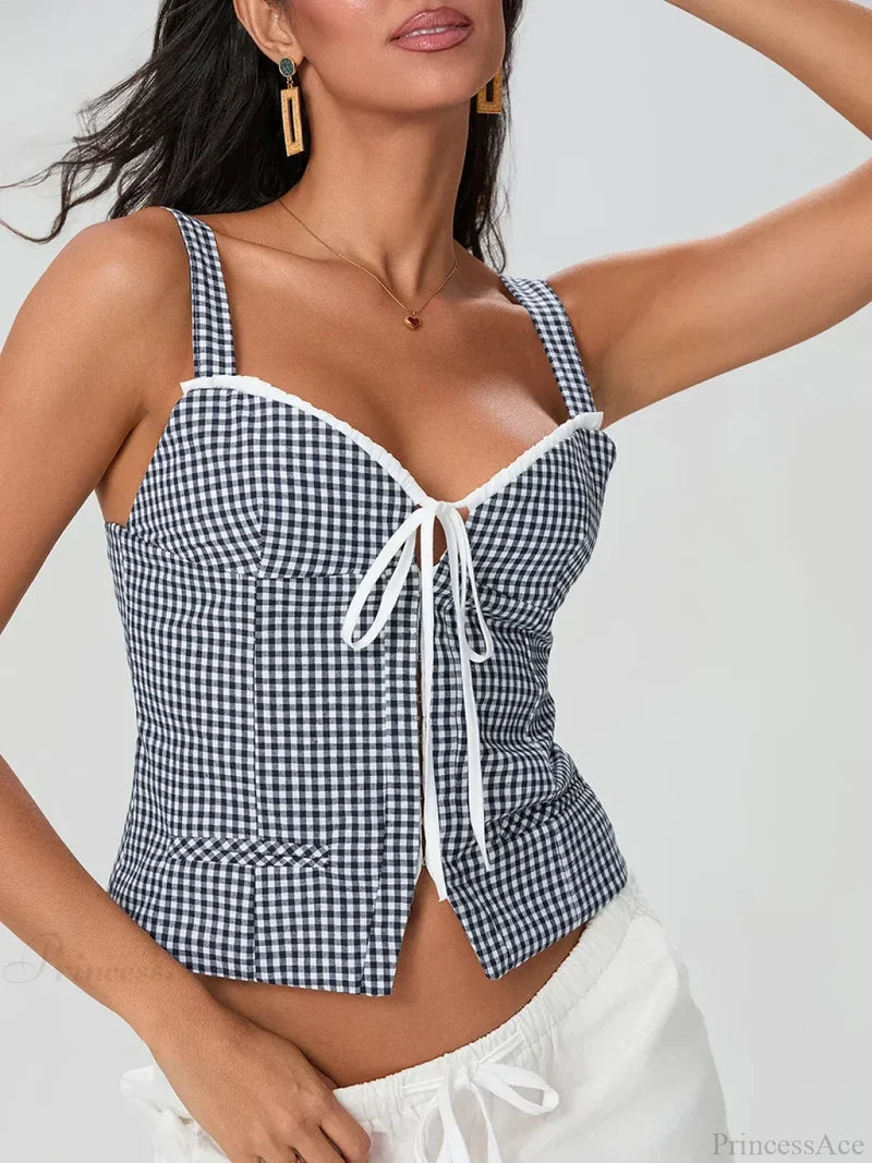 Plaid Print Backless Sleeveless Low Cut Tied Crop Vest croptop-250126