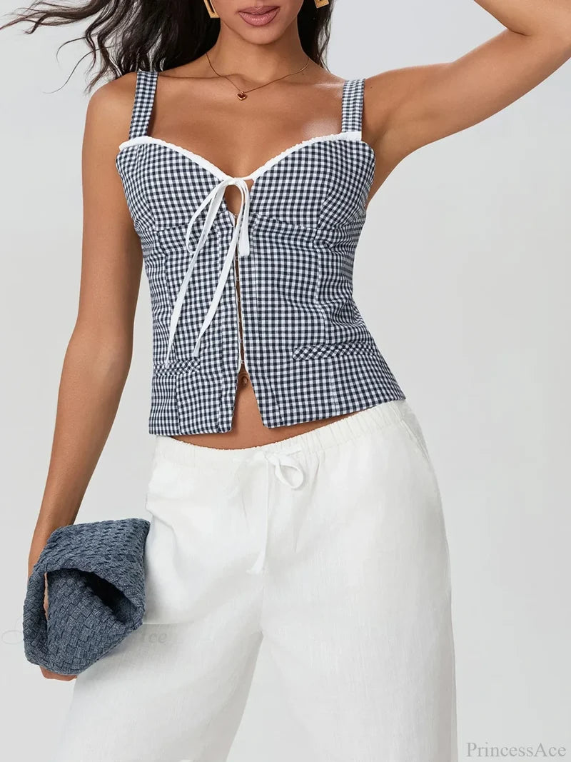 Plaid Print Backless Sleeveless Low Cut Tied Crop Vest Black / XS croptop-250126