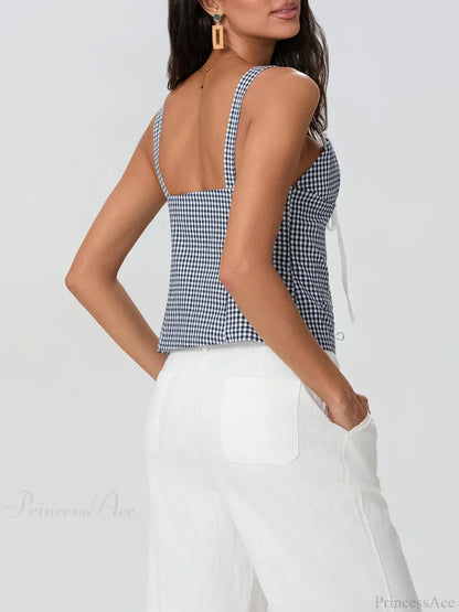 Plaid Print Backless Sleeveless Low Cut Tied Crop Vest croptop-250126