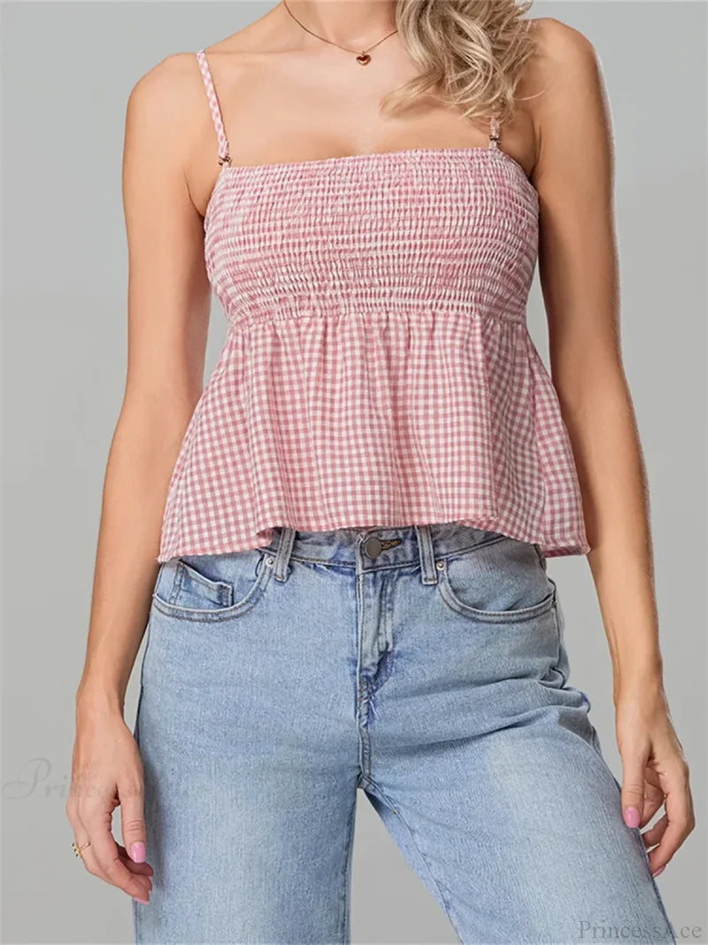 Plaid Ruffle Hem Square Neck Spaghetti Crop Top croptop-250126