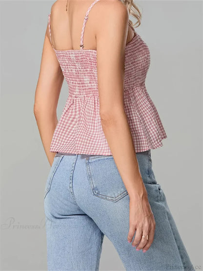 Plaid Ruffle Hem Square Neck Spaghetti Crop Top croptop-250126