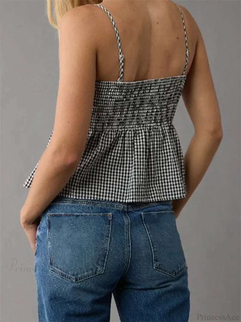 Plaid Ruffle Hem Square Neck Spaghetti Crop Top croptop-250126