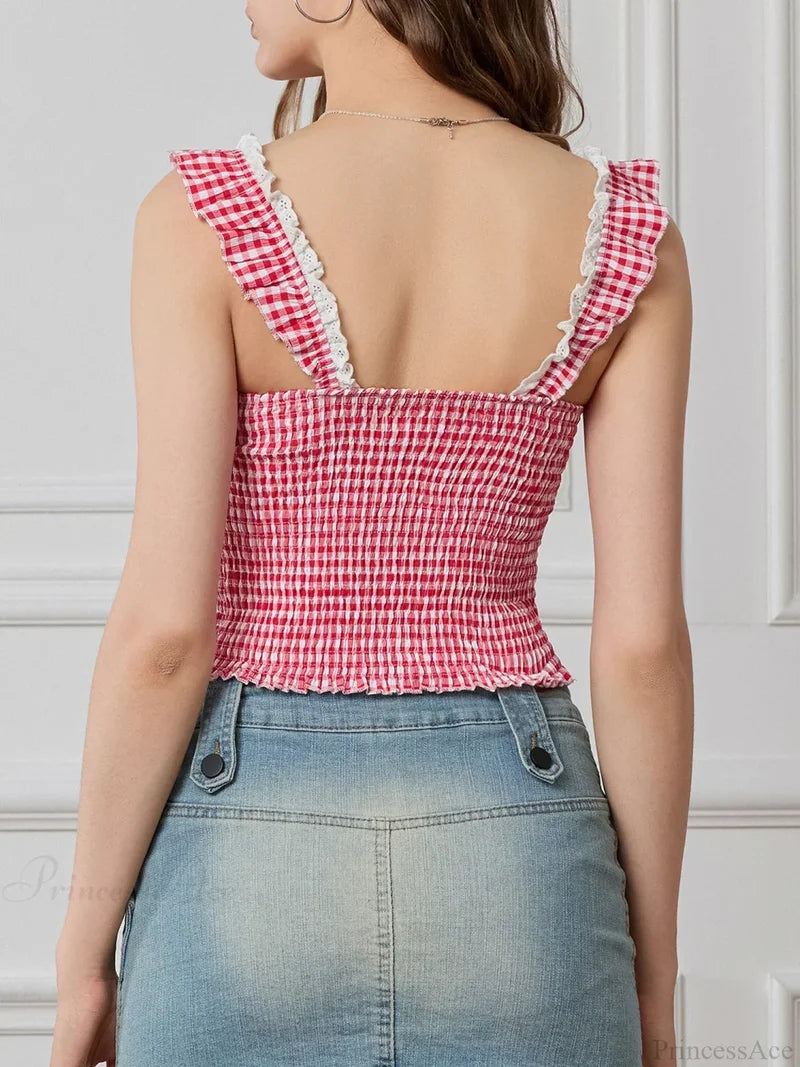 Plaid Ruffle Strap Sweetheart Lace Trim Cropped Tank Top croptop-250126