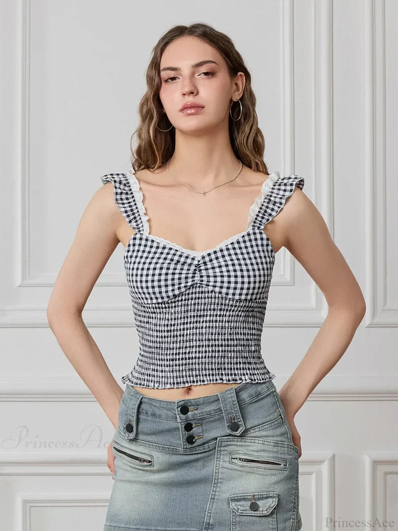 Plaid Ruffle Strap Sweetheart Lace Trim Cropped Tank Top BLACK / S croptop-250126