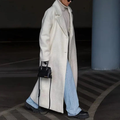 Polo Collar Plush Turn Collar Winter Overcoat Beige / S