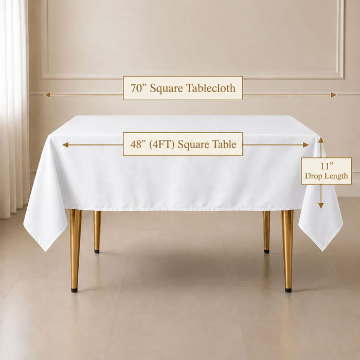 A white square tablecloth draped over a rectangular table in a styled interior setting, with overlaid dimension labels showing 70" square tablecloth, 48" by 4FT table, and 11" drop length.