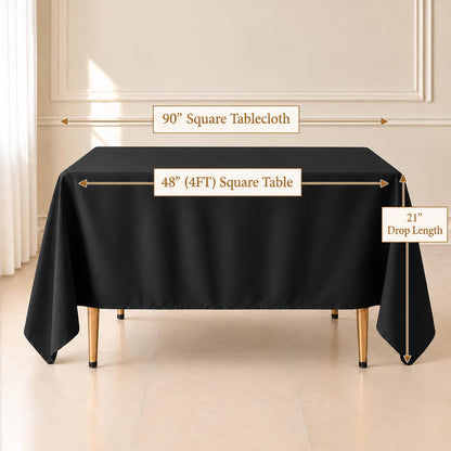 90" Black polyester square tablecloth for weddings and special occasions.